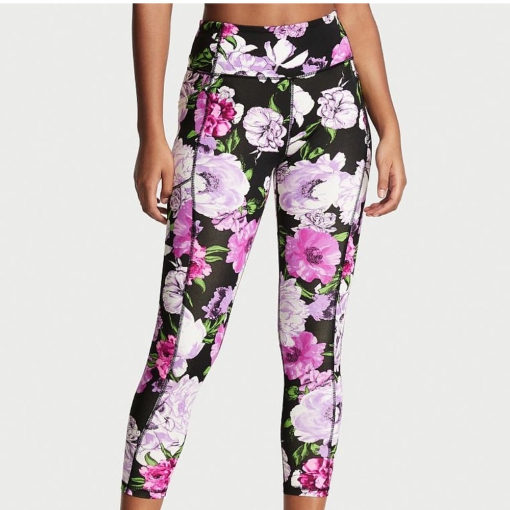 Victoria's Secret Black Floral High-Waist Leggings with Pink & Lavender Flowers